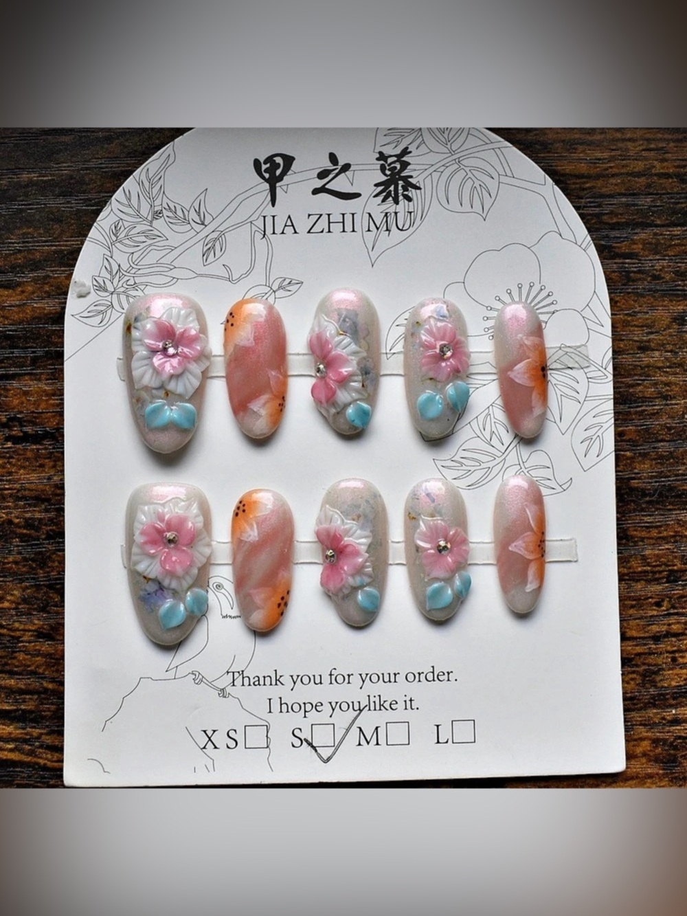 JIA ZHI MU 3D Floral Press On Nails Pink Orange Blue Rhinestone Size Small 2.5